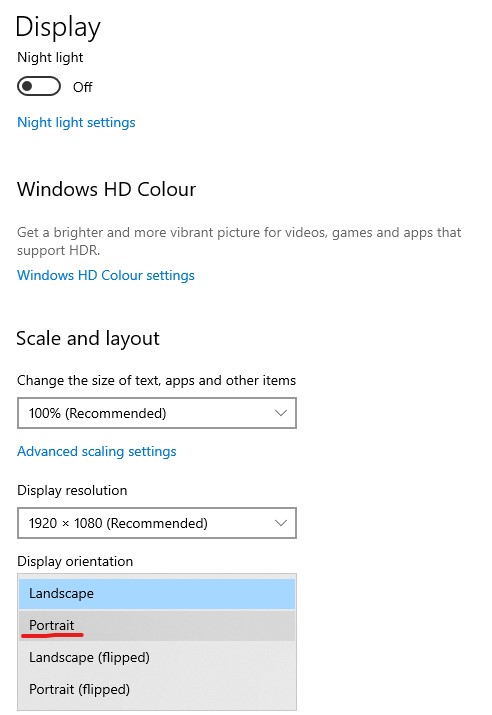 Display settings on windows. Portrait button is underlined.