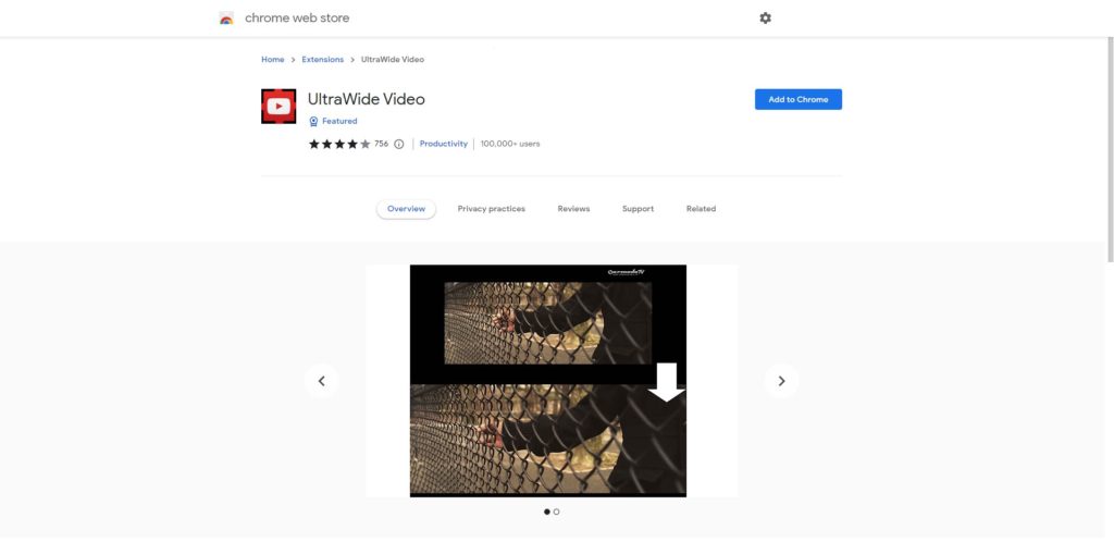 screenshot of the UltraWide Video Chrome extension in the chrome web store