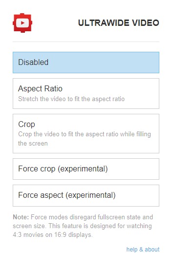 screenshot of the UltraWide Video chrome extension's menu